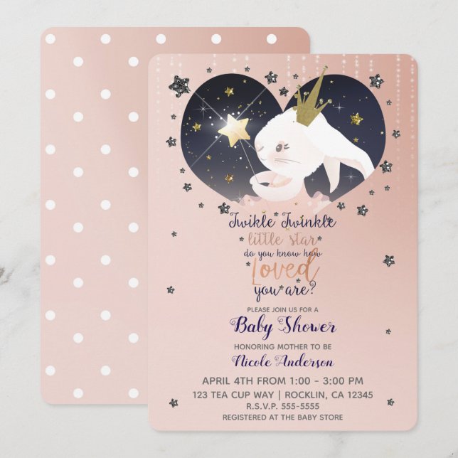 Invitation Bain de bébé Lapin aux pêches scintillantes Shower (Devant / Derrière)