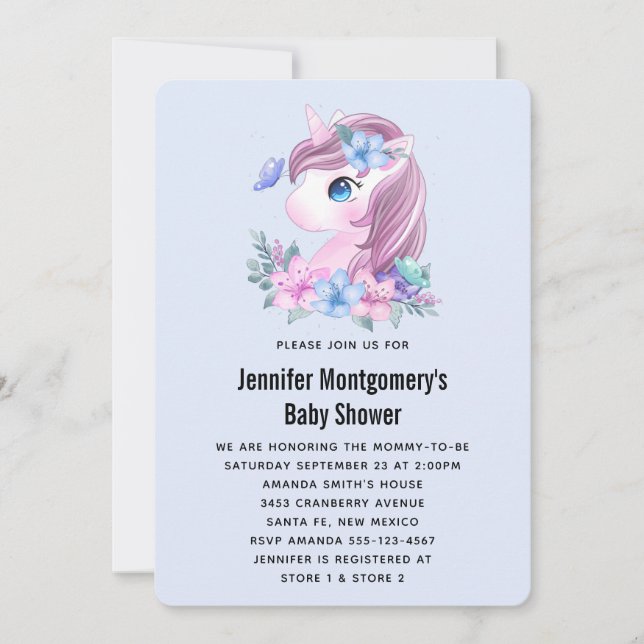 Invitation Bain de bébé licorne aquarelle adorable (Devant)
