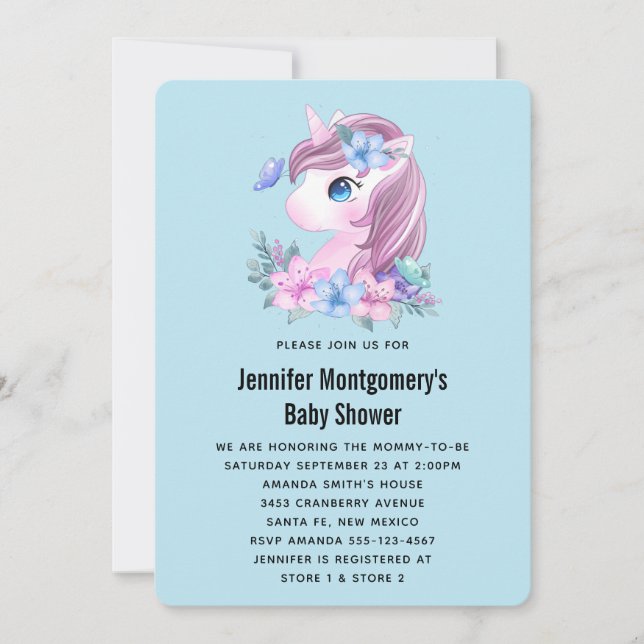 Invitation Bain de bébé licorne aquarelle mignon (Devant)