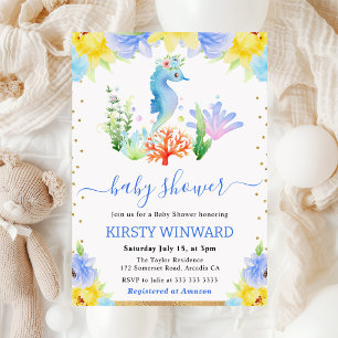 Invitation Bain de bébé licorne de mer florale aquarelle