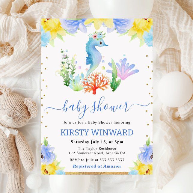 Invitation Bain de bébé licorne de mer florale aquarelle (Créateur téléchargé)