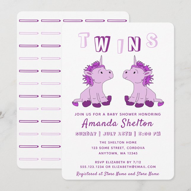 Invitation Bain de bébé licorne rose jumelles filles (Devant / Derrière)