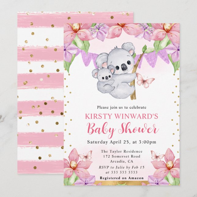 Invitation Bain de bébé Licornes et Fleurs à l'aquarelle Mign (Devant / Derrière)