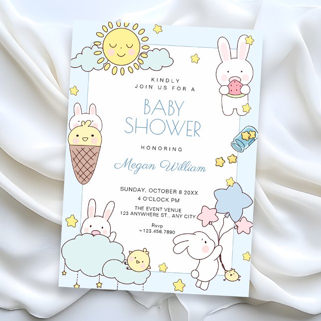 Invitation Bain de bébé ludique et mignon bleu (Créateur téléchargé)