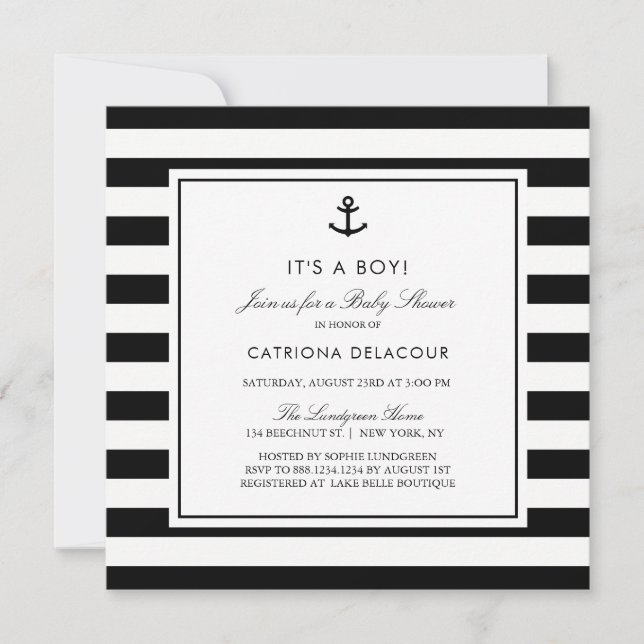 Invitation Bain de bébé Marin Noir et Blanc C'est un Garçon (Devant)