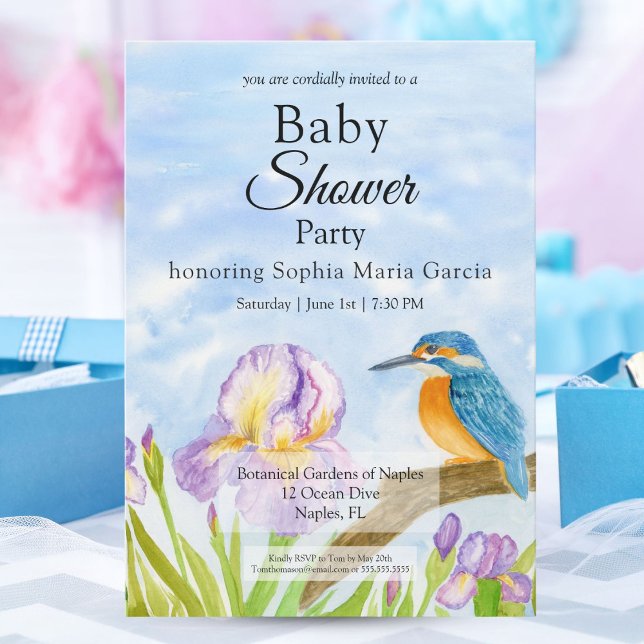 Invitation Bain de bébé Martin-pêcheur aux iris violets (Créateur téléchargé)