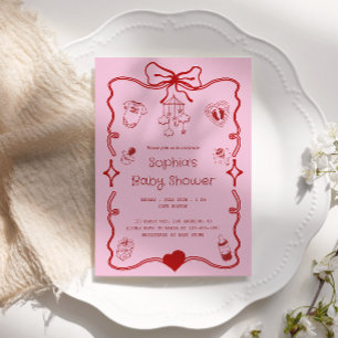 Invitation Bain de bébé mignon rouge et rose pour filles ou g