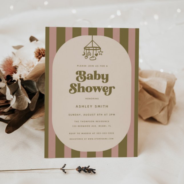 Invitation Bain de bébé Moderne Rétro Rose et Vert Rayé (Créateur téléchargé)