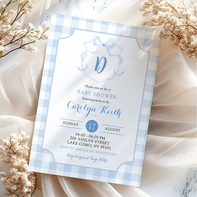 Invitation Bain de bébé Monogramme Crête Aquarelle Garçon Ble (Créateur téléchargé)