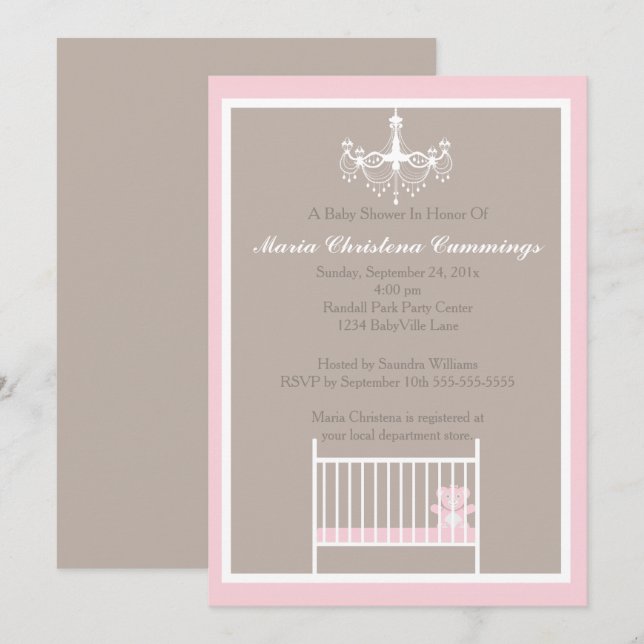 Invitation Bain de bébé ourson rose élégant lustre (Devant / Derrière)