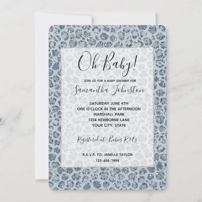 Invitation Bain de bébé Paillettes Imprimé Léopard Bleu Denim (Devant)