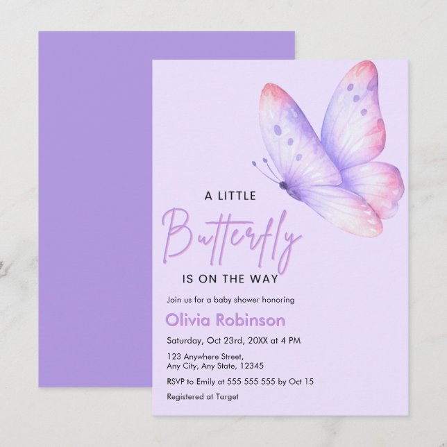 Invitation Bain de bébé Papillon Rose Violet (Devant / Derrière)