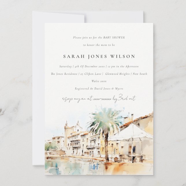 Invitation Bain de bébé paysage aquarelle Mallorca Espagne (Devant)