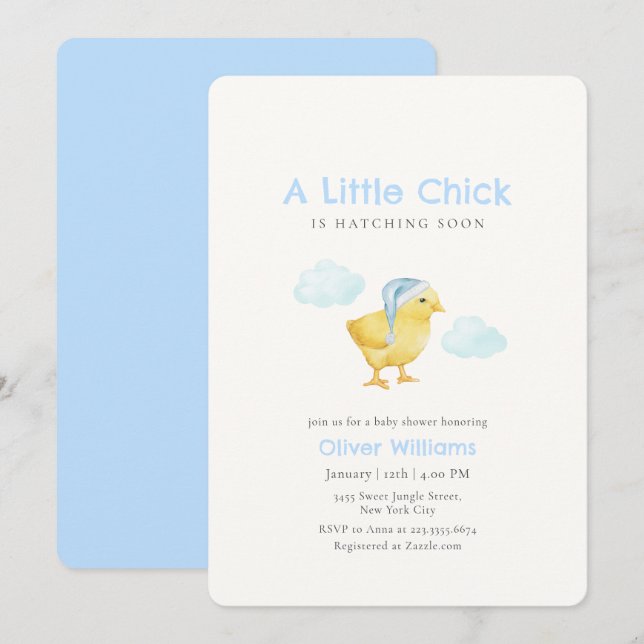 Invitation Bain de bébé Petit Poulet Bleu Céleste (Devant / Derrière)