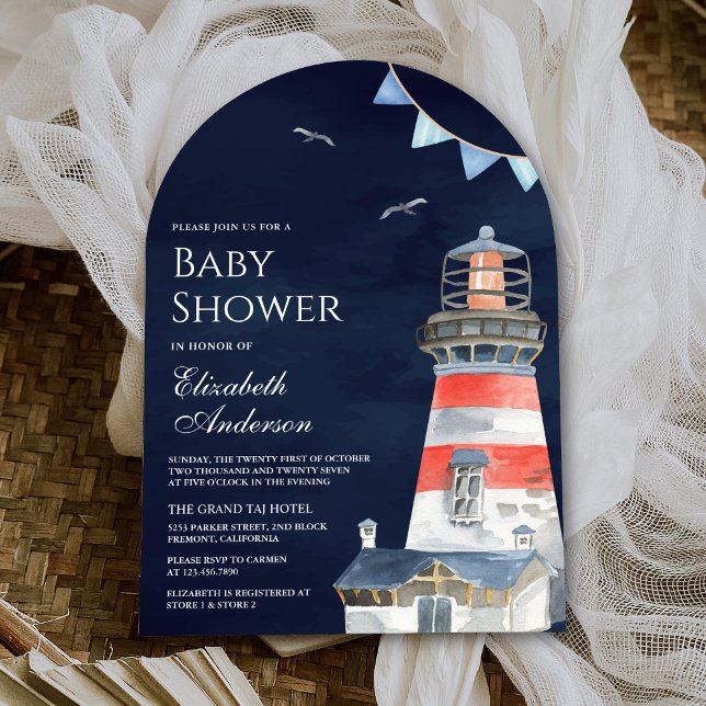 Invitation Bain de bébé phare aquarelle marine marine (Créateur téléchargé)
