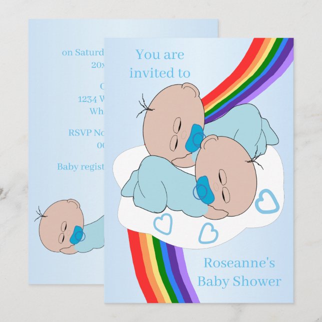 Invitation Bain de bébé pour des jumeaux arc-en-ciel (Devant / Derrière)