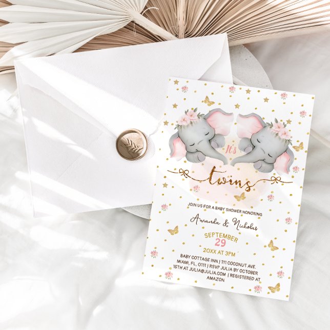 Invitation Bain de bébé pour jumelles éléphant rose (Créateur téléchargé)