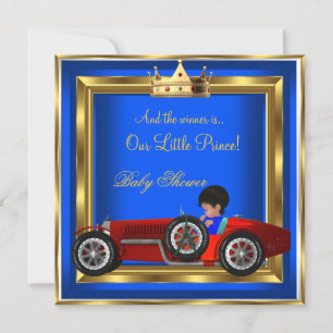 Invitation Bain de bébé Prince Bleu Or Garçon Rouge Voiture d