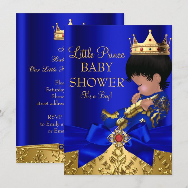Invitation Bain de bébé Prince Bleu Royal Afro-Américain (Devant / Derrière)