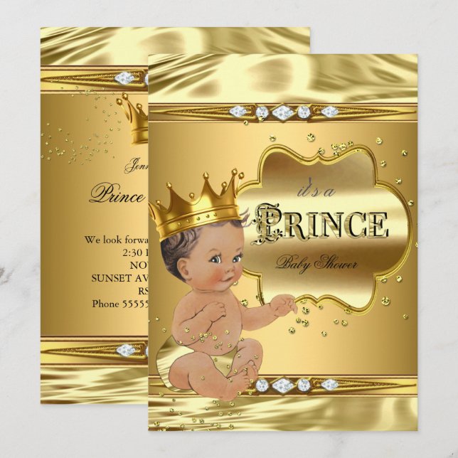 Invitation Bain de bébé prince Brunette papier d'aluminium or (Devant / Derrière)