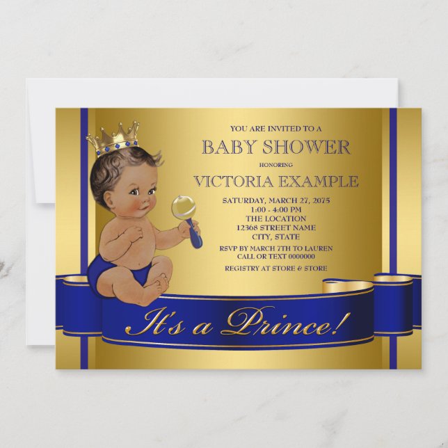 Invitation Bain de bébé prince ethnique bleu royal or (Devant)