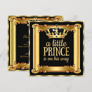Invitation Bain de bébé Prince Faux Feuille d'or Cadre Noir