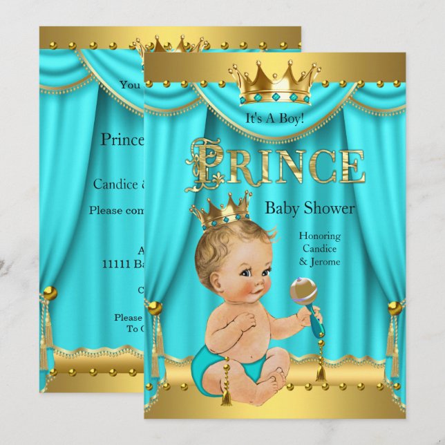 Invitation Bain de bébé Prince héritier Or Aqua Bleu Blond Ga (Devant / Derrière)