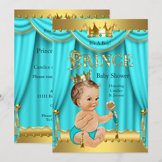Invitation Bain de bébé Prince héritier Or Aqua Bleu Brunette (Devant / Derrière)