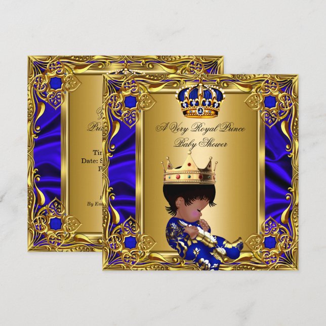 Invitation Bain de bébé prince or bleu royal garçon (Devant / Derrière)