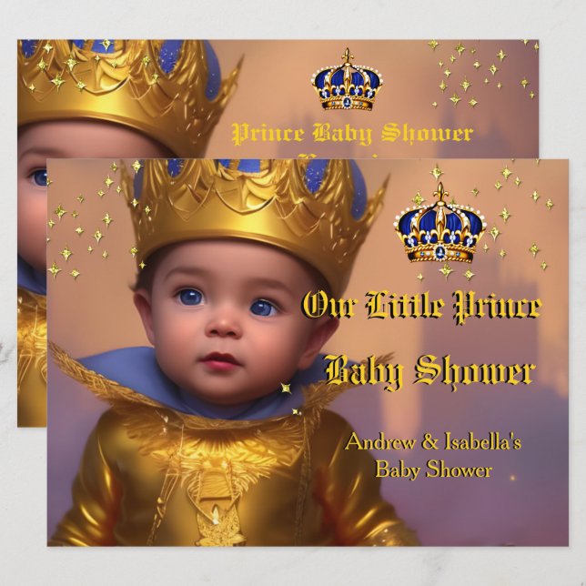 Invitation Bain de bébé Prince Royal Bleu Couronne d'Or (Devant / Derrière)
