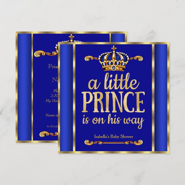 Invitation Bain de bébé Prince Royal Bleu Navy Or sur son che (Devant / Derrière)