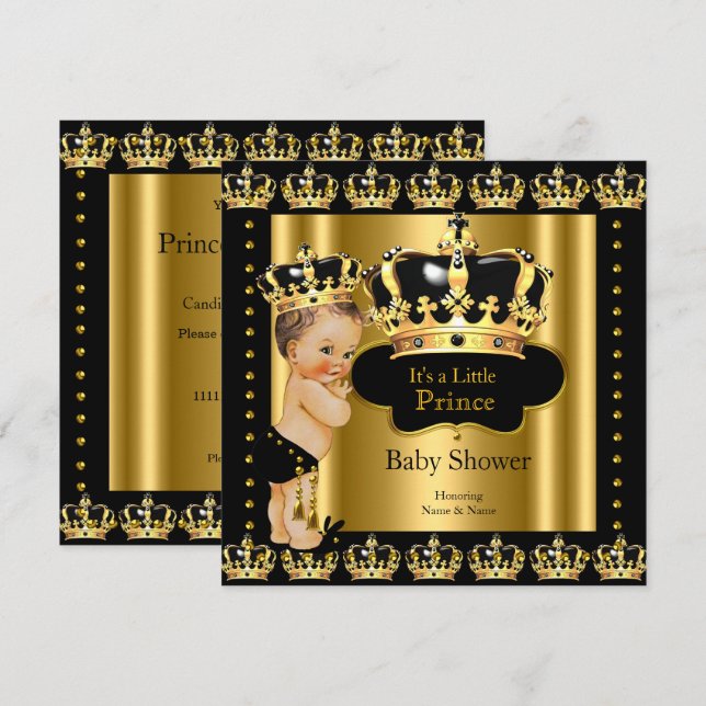 Invitation Bain de bébé Prince Royal Couronne Noir Or (Devant / Derrière)