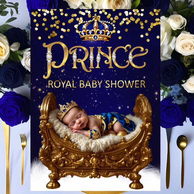 Invitation Bain de bébé Prince Royal Pailleté Lit Bleu Or (Créateur téléchargé)