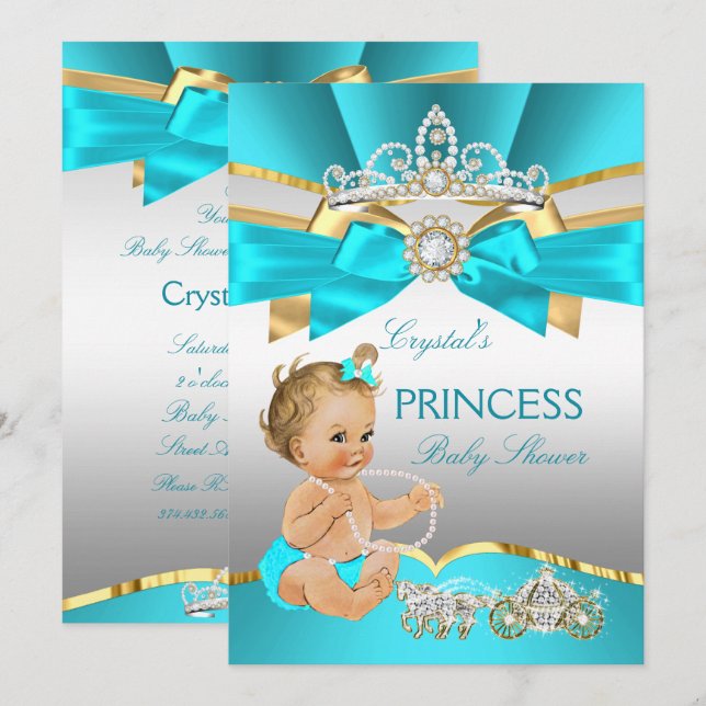 Invitation Bain de bébé Princesse Bleu Turquoise Or Blonde (Devant / Derrière)