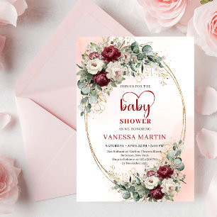 Invitation Bain de bébé romantique boho burgundy eucalyptus o