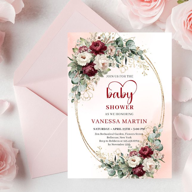Invitation Bain de bébé romantique boho burgundy eucalyptus o (Romantic Burgundy Eucalyptus Gold Baby Shower Invite)