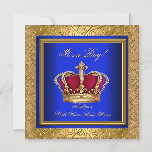 Invitation Bain de bébé royal bleu damas oré garçon régale (Devant)