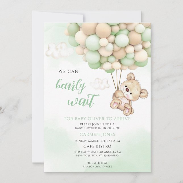 Invitation Bain de bébé Teddy Bear Green (Devant)