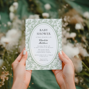 Invitation Bain de bébé Toile De Jouy Verte Photo Fleurie