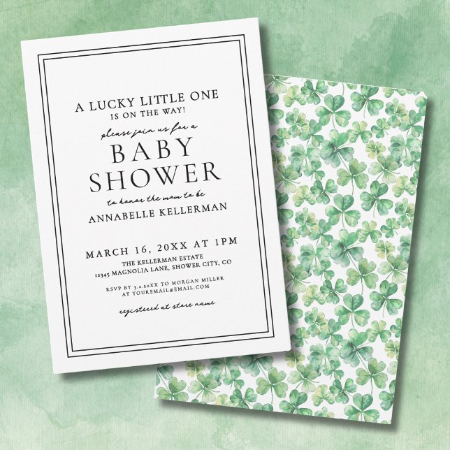 Invitation Bain de bébé Trèfle à trois feuilles vert Chanceux (Lucky Little One Green Shamrock Clover Baby Shower Invitation)