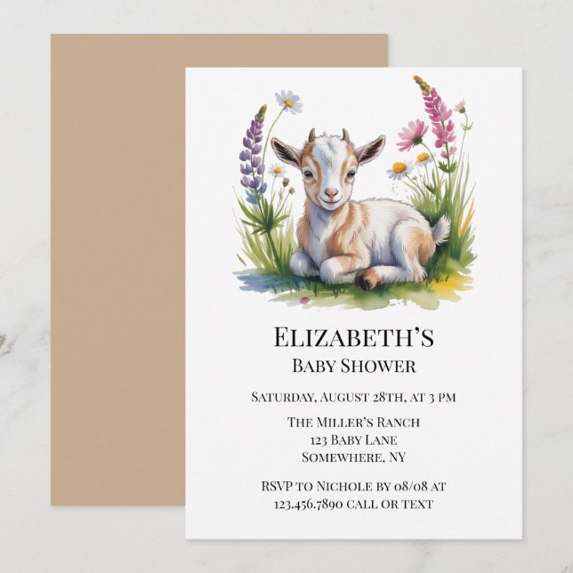 Invitation Bain de couleur Bébé Chèvre aux Fleurs Sauvages Ba (Devant / Derrière)