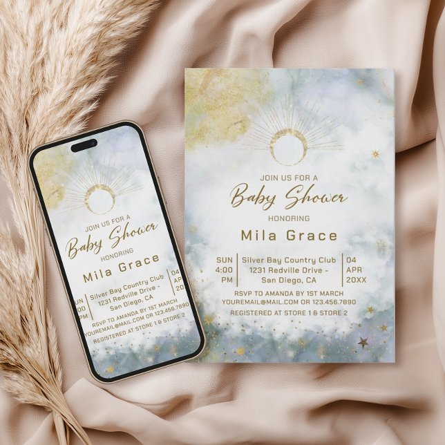 Invitation Bain de Couleur Céleste Doré pour Baby Shower (Créateur téléchargé)
