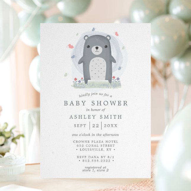 Invitation Bain de couleur gris ours mignon simple garçons Ba (Créateur téléchargé)
