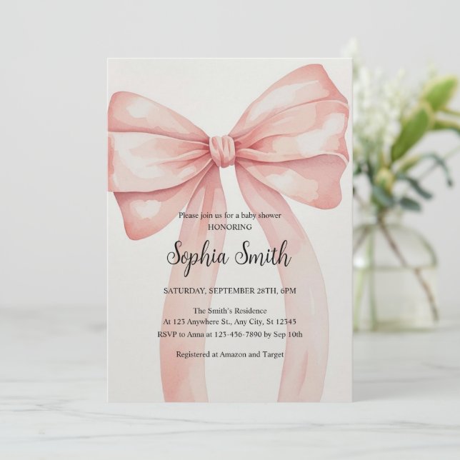 Invitation Bain de couleur rose pastel pour bébé fille (Debout devant)