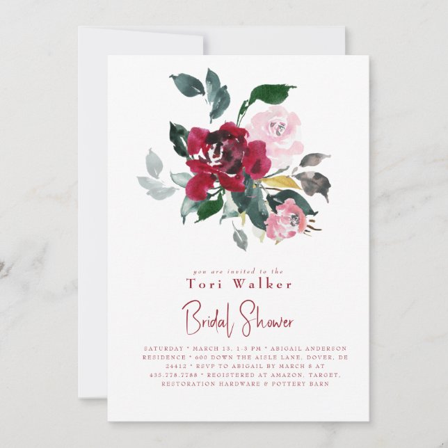 Invitation Bain de couleur rouge à l'aquarelle Mariage Fille  (Devant)