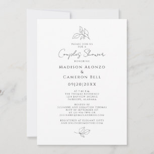 Invitation Bain de Couple Élégant Feuilles Noir & Blanc