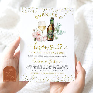 Invitation Bain de Couple Minimaliste Bulles d'Or et Boissons
