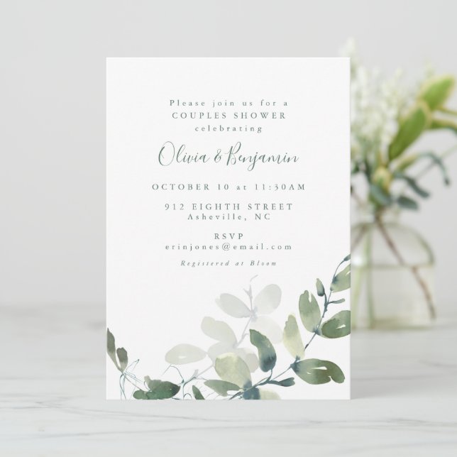 Invitation Bain de couples bohème au eucalyptus botanique mod (Debout devant)