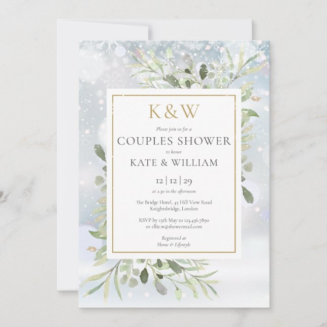 Invitation Bain de couples chic en or avec monogramme et verd (Devant)