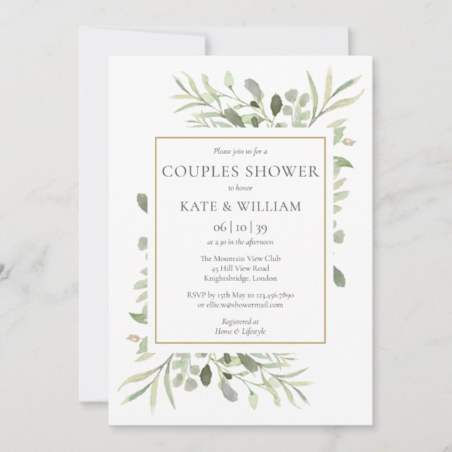 Invitation Bain de Couples Élégant Aquarelle Dorée et Verdure (Devant)